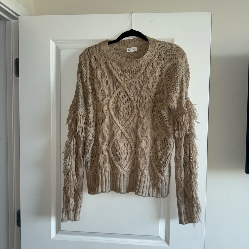 Fringe Detail Cable Knit Sweater - Beige